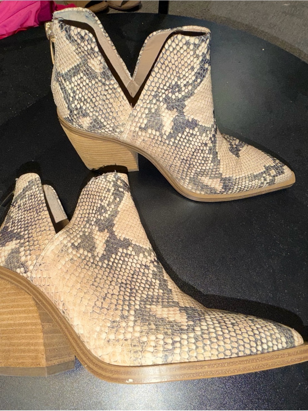 Vince Camuto Taupe Snake-Print Ankle Booties